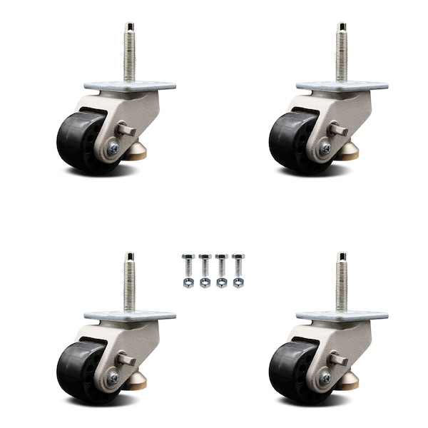 Nylon Swvl TP Light Duty Floor Leveling Caster w/2.8" Diameter Black Wheel, 4PK